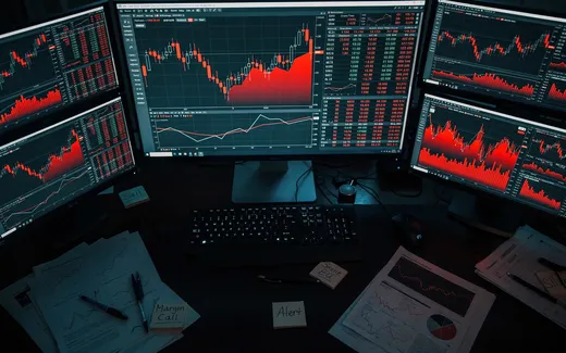 Fallande börsgrafer på datorskärmar visar teknikbolagens värdefall