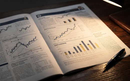 Finansiella dokument och grafer på skrivbord som visar energipriser och inflation