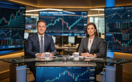 Finansiellt nyhetsstudio med ankare och börscharter på skärmar