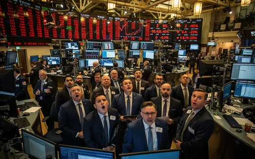 Handelsgolvet på New York Stock Exchange med röda siffror på skärmarna