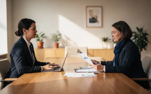 Bankkund i möte med bankrepresentant granskar dokument i modernt kontor