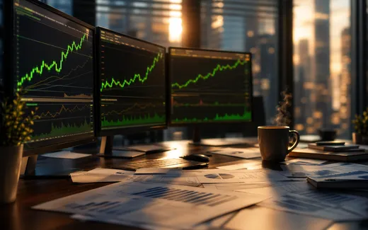Datorskärmar med finansiella diagram i modernt kontor under kvällsljus