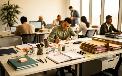 Medarbetare använder kontorsmaterial i modern arbetsplats med naturligt ljus