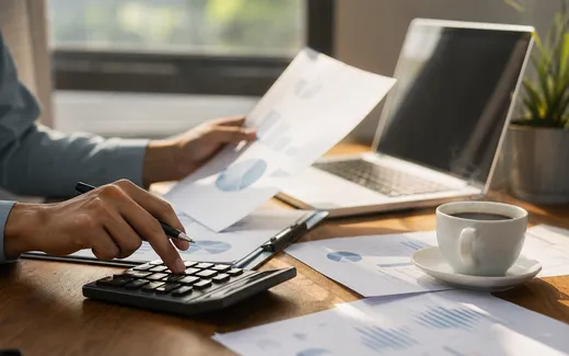 Händer som granskar finansiella dokument på skrivbord med kaffekopp och laptop