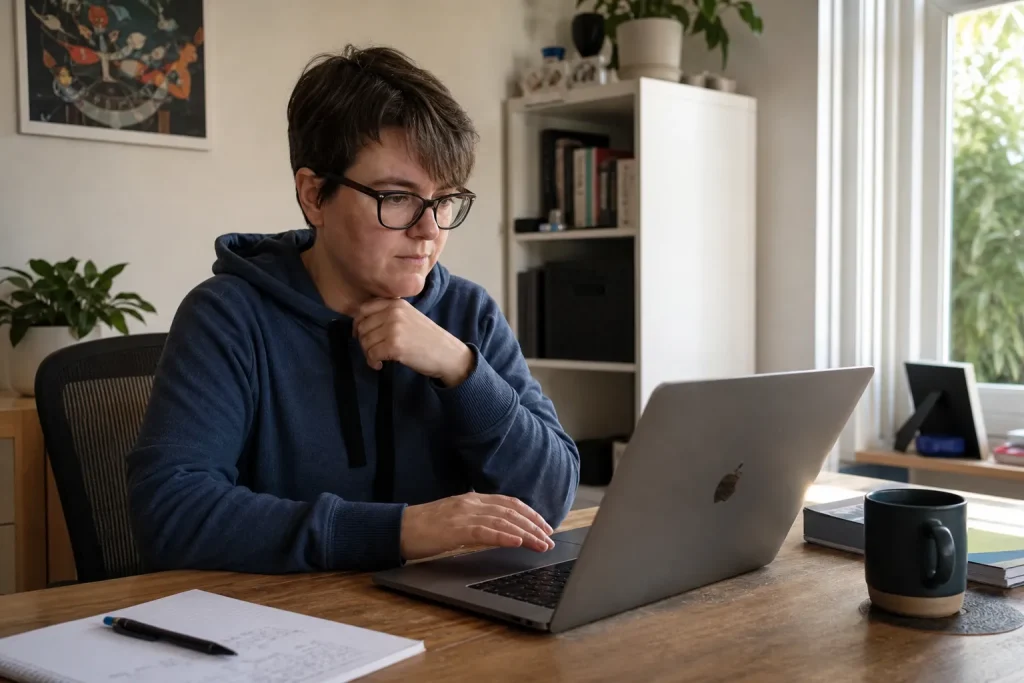 En tillgänglighetskonsult arbetar vid sitt skrivbord och granskar material på sin laptop åt ett certifieringsorgan.