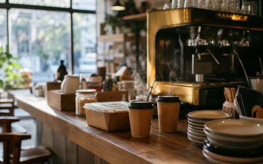 Café-disk med takeaway-behållare och kaffekoppar i varmt dagsljus