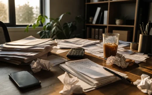 Entreprenörs skrivbord med papper och kalkylator i kvällsljus