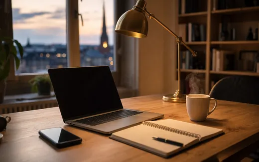 Hemmakontor med laptop och anteckningsblock i kvällsljus