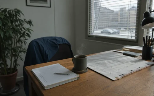 Skrivbord på ett litet kontor med kalender och kaffekopp, symboliserar arbetstid och arbetsvillkor