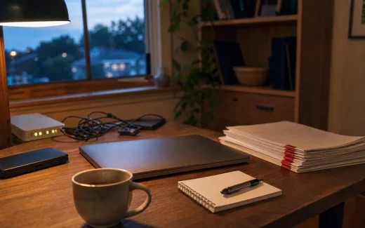 Skrivbord med router och dokument som symboliserar felaktig digital svartlistning