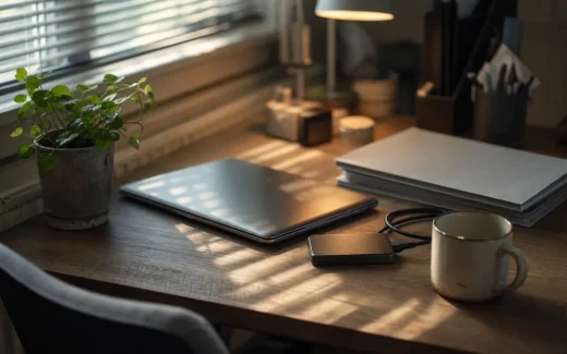 Skrivbord med stängd laptop och extern hårddisk som symbol för dataansvar