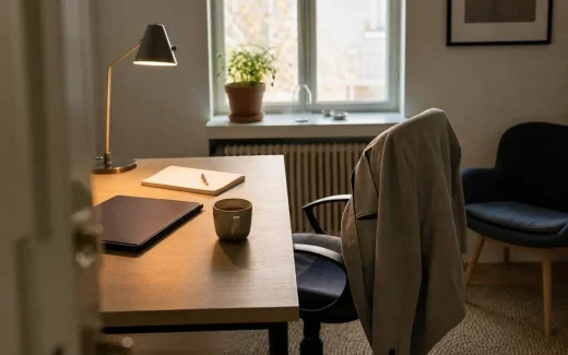 Tomt skrivbord på ett litet kontor med jacka över stolen och kaffekopp