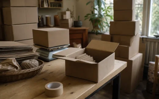 Kartonger och förpackningsmaterial i ett litet företags packrum