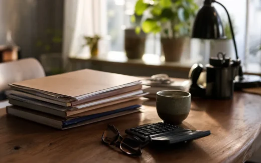 Skrivbord med kalkylator och pärmar som symboliserar företagsekonomi och statliga finansieringsfrågor