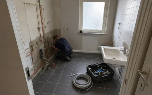 Rörmokare monterar rör i badrum under renovering, relevant när man undrar om man får göra avdrag för rörmokare