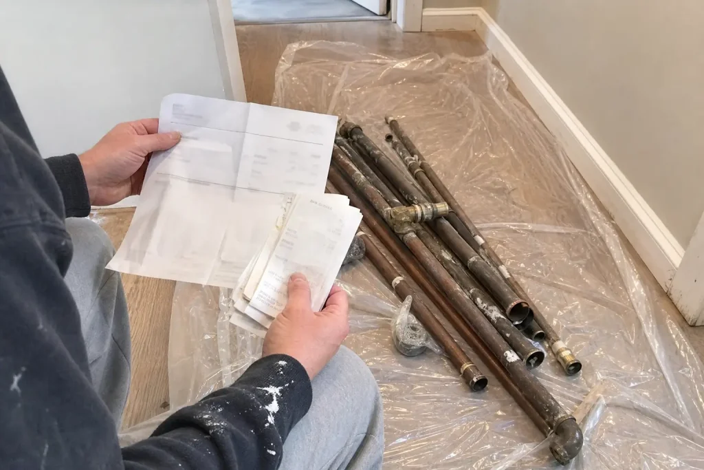 Händer sorterar kvitton och faktura bredvid rörledningar under renovering, relevant för frågan om man får göra avdrag för ...