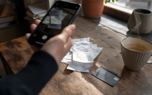 Hand fotograferar kvitton med mobilen bredvid ett företagskort på ett träbord